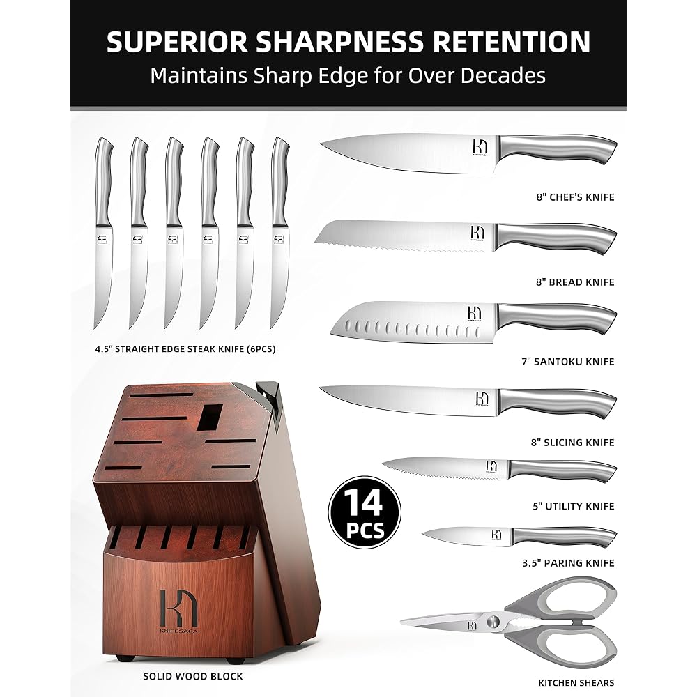 KnifeSaga Kitchen Knife Block Set, Enduring Sharpness Premium Knife Set with Block, 14 Pcs Japanese High Carbon Stainless Steel Knives Set for Kitchen, Chef Knife Set with Block and Built in Sharpener: Home & Kitchen
