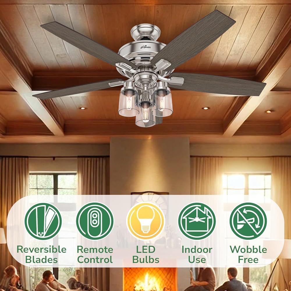 Hunter Fan Company, 54190, 52 inch Bennett Brushed Nickel Ceiling Fan with LED Light Kit and Handheld Remote