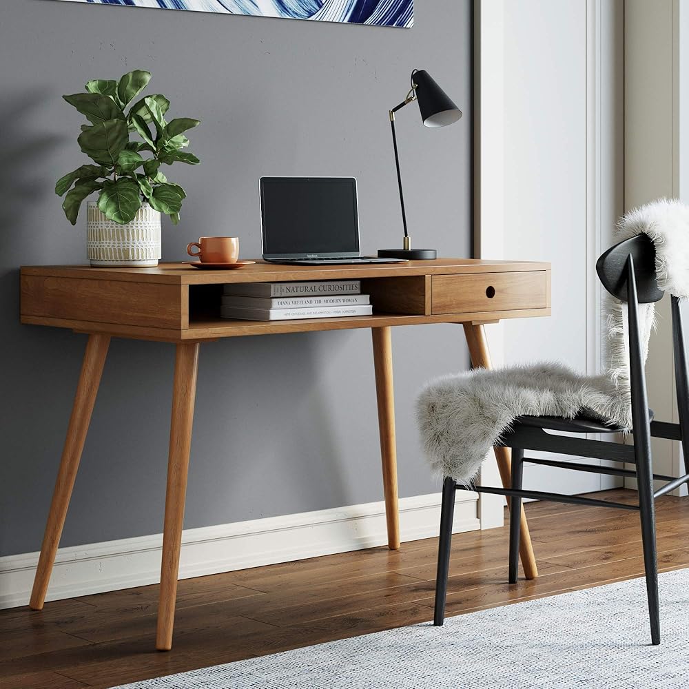 Nathan James Parker Modern Home Office Writing, Computer or Laptop Desk with Open Storage Cubby and Small Drawer, Walnut : Home & Kitchen