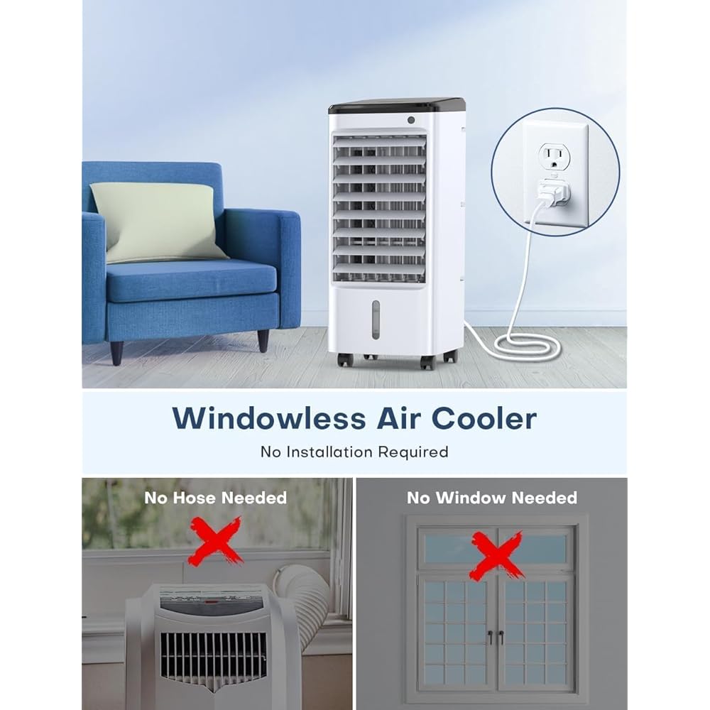 CENSTECH Windowless Air Conditioner with 5 Ice Packs, 3 Modes & 3 Speeds Swamp Cooler Air Conditioner, 12H Timer, 4L Tank for 24H Cooling, Remote, Dual Tank Portable Air Conditioners No Windows Needed : Home & Kitchen