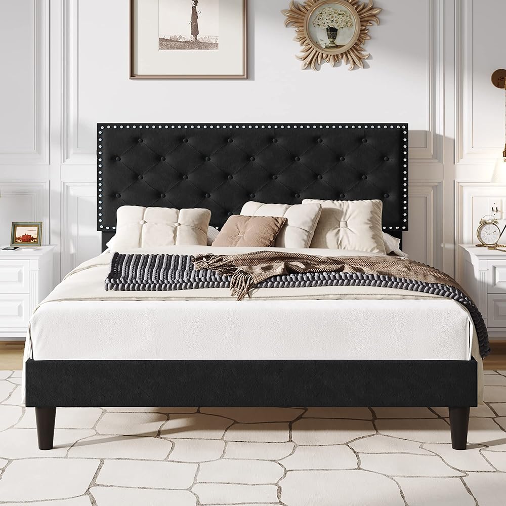 SHA CERLIN Queen Size Velvet Bed Frame with Adjustable Headboard, Diamond Button Tufted and Rivet Decor, No Box Spring Needed, Black : Home & Kitchen