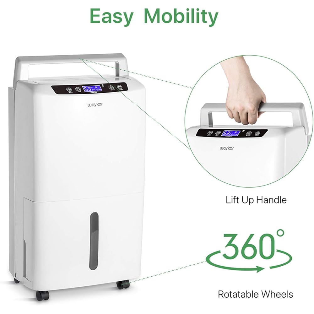 - Waykar 2000 Sq. Ft Dehumidifier for Home and Basements, with Auto or Manual Drainage, 0.66 Gallon Water Tank Capacity