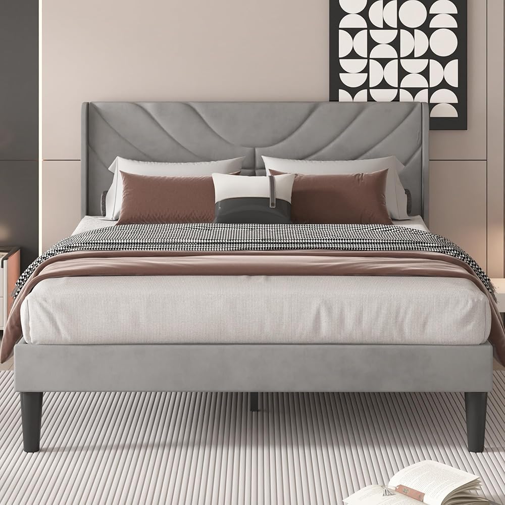 VECELO Upholstered Platform Full Bed Frame with Fabric Headboard,Wooden Slats Support/No Box Spring Needed/Mattress Foundation,Dark Grey : Home & Kitchen