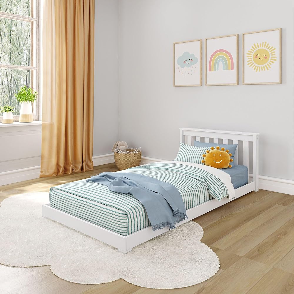 Max & Lily Classic Twin Floor Bed, 79.75 Inches, Solid Wood Low Bed Frame for Kids, Modern Floor Bed for Bedroom, White