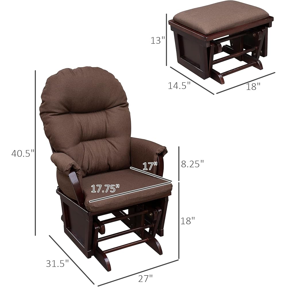 HOMCOM Nursery Glider Rocking Chair with Ottoman, Thick Padded Cushion Seating and Wood Base, Brown : Baby