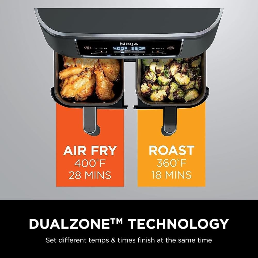 Ninja DZ201 Foodi 8 Quart 6-in-1 DualZone 2-Basket Air Fryer with 2 Independent Frying Baskets, Match Cook & Smart Finish to Roast, Broil, Dehydrate & More for Quick, Easy Meals, Grey : Home & Kitchen