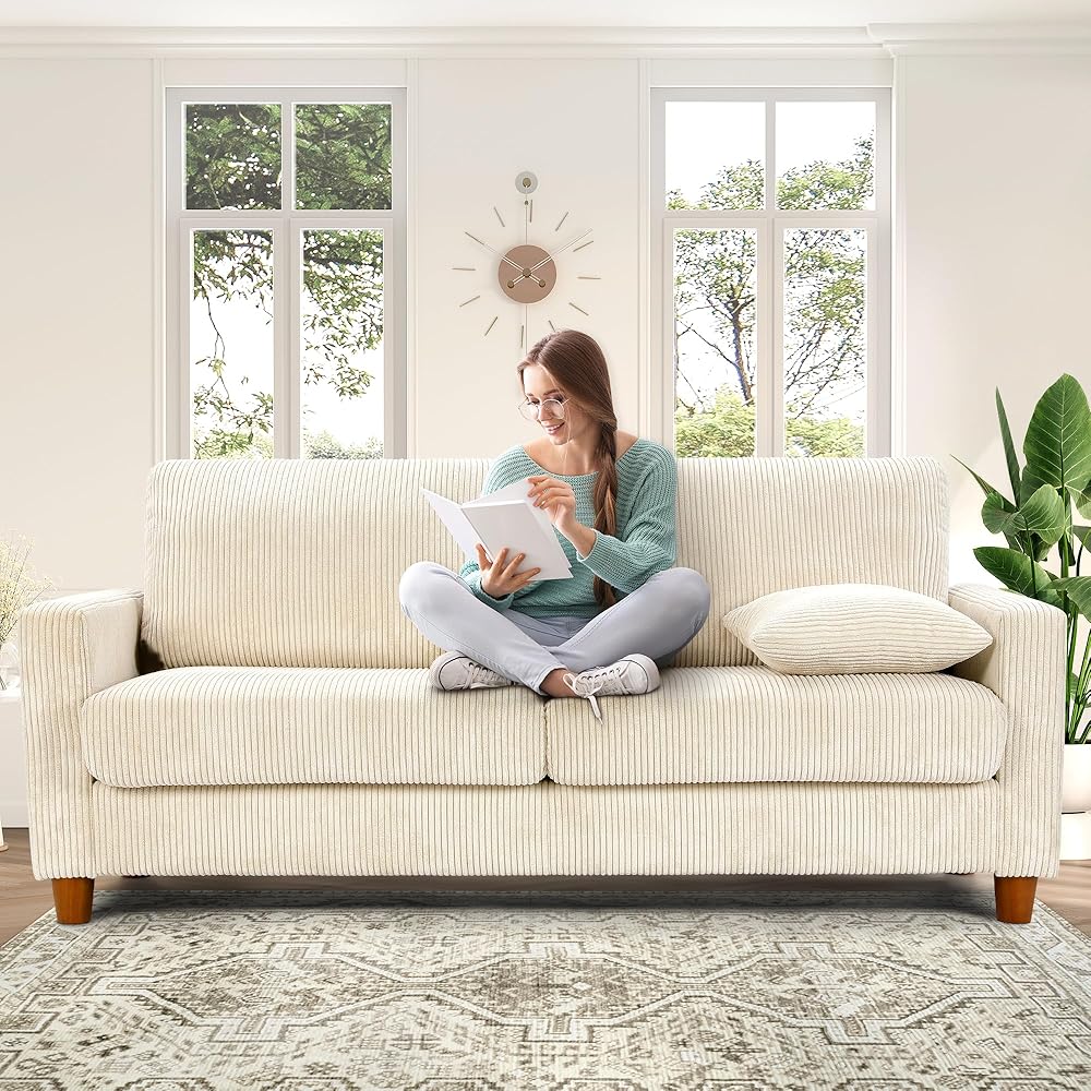 Kidirect 70in Beige White Sofa, Couches for Living Room 21in Extra Deep Seats, Comfy Corduroy Sofas for Living Room No Tool Assembly, Modern Oversized Love Seat with 2 Pillows, Sofa Couch for Bedroom : Home & Kitchen