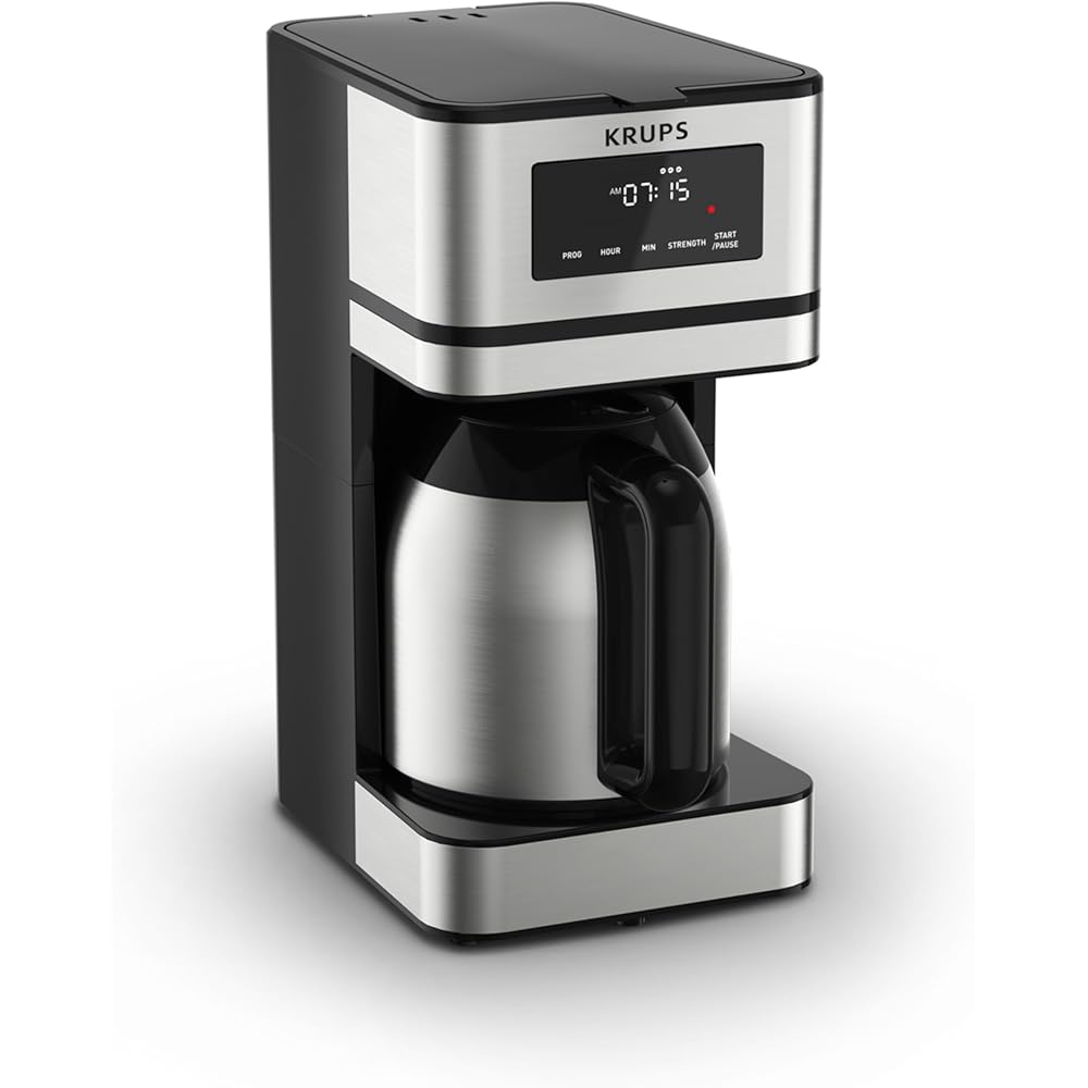Krups Simply Brew Stainless Steel and Thermal Carafe Drip Coffee Maker 12 Cup Programmable, Customizable, Digital Display, Insulated Coffee Filter, Dishwasher Safe, Drip Free Silver and Black: Home & Kitchen