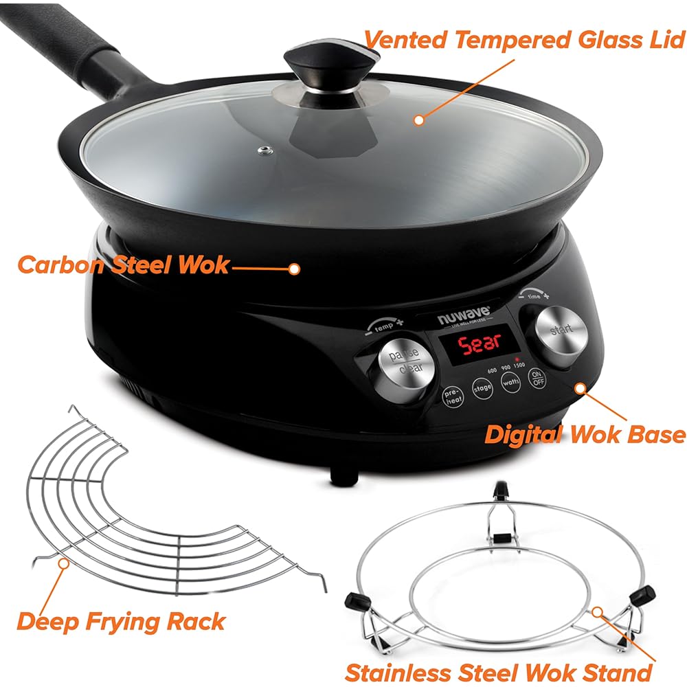Nuwave Mosaic Induction Wok, Precise Temp Controls from 100°F to 575°F in 5°F, Wok Hei, Infuse Complex Charred Aroma & Flavor, 3 Watts 600,900 & 1500, Authentic 14-inch Carbon Steel Wok Included,Black: Home & Kitchen