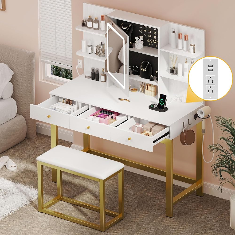 DWVO Vanity Desk with Lights, LED Mirror and Power Outlet, Adjustable 3 Color Lights Modes, Dressing Table with Chair, Makeup Table Set with Hidden Storage Shelves, 3 Drawers, Upgraded, White : Home & Kitchen