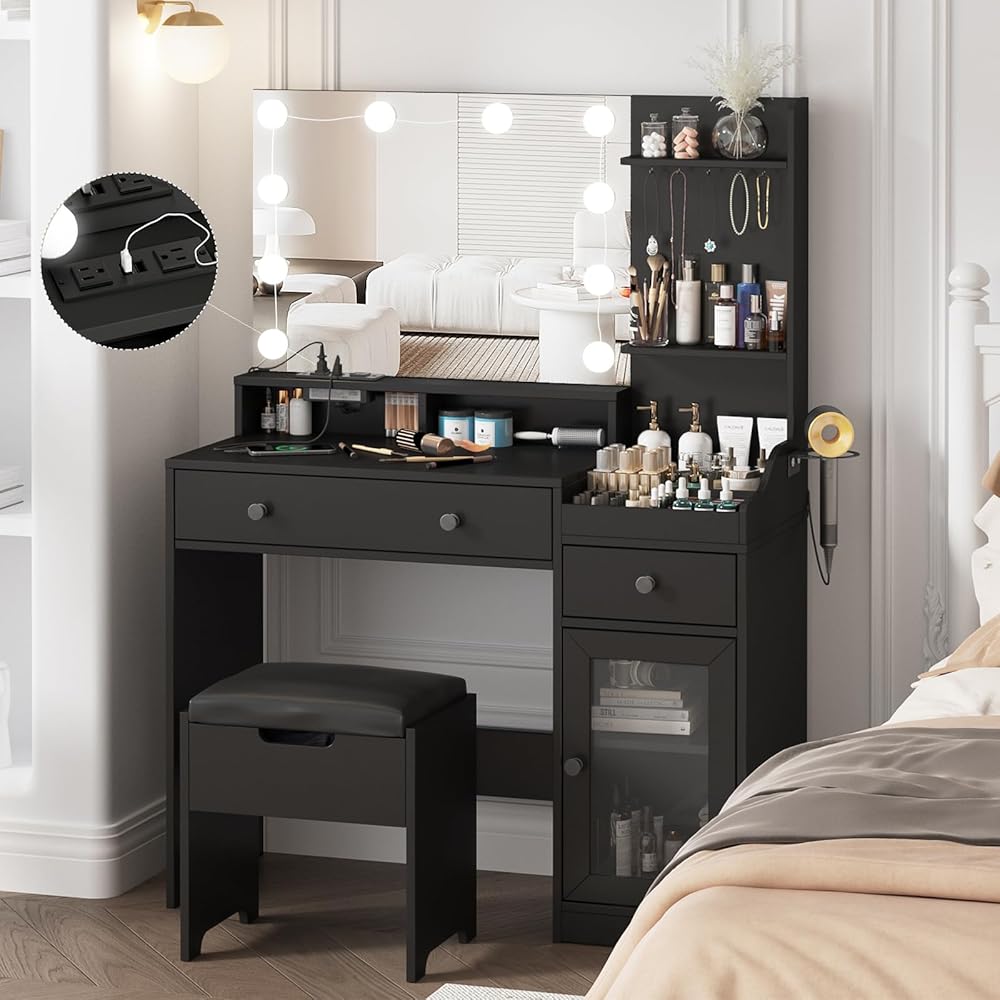 Vabches Vanity with Mirror and Lights,Makeup Vanity Table with Charging Station,Dressing Table with Stool & 3 Storage Compartments,3 Color Modes Available for Bedroom,Black : Home & Kitchen