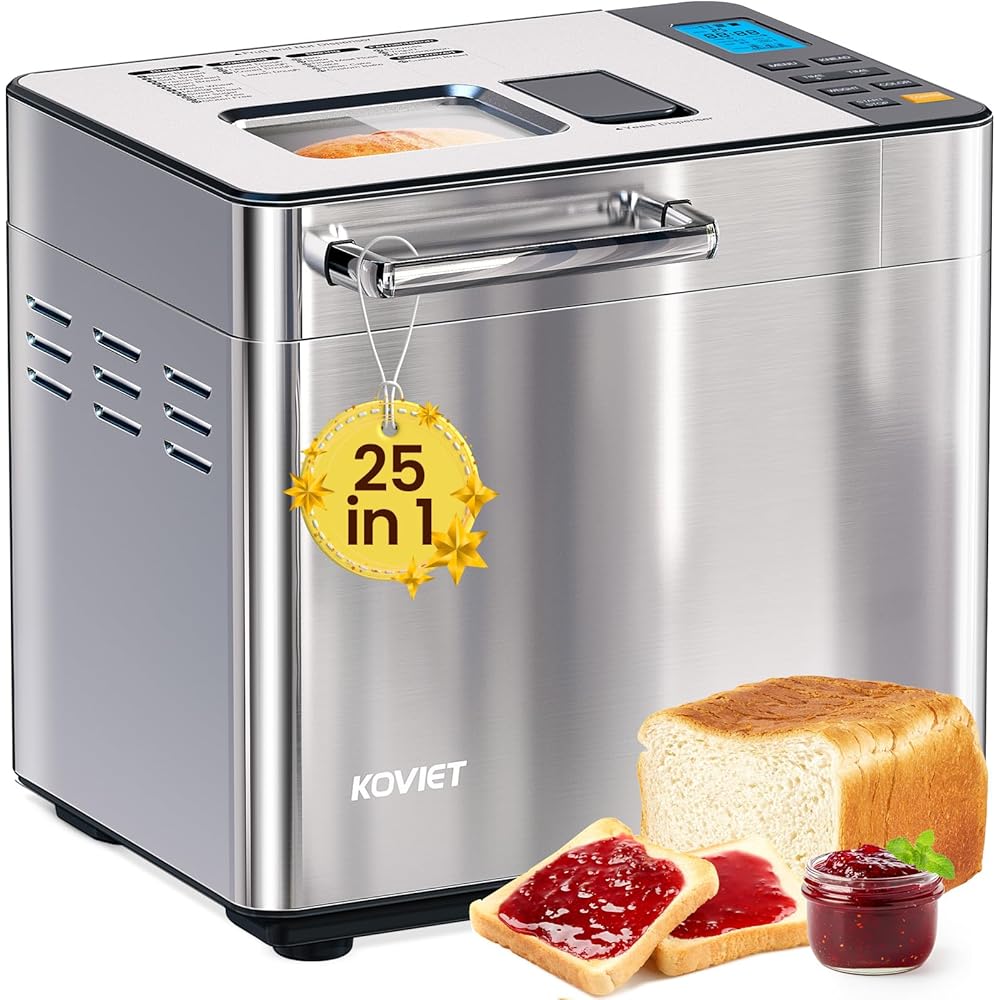 KOVIET 25-in-1 Bread Maker Machine with Automatic Dual Dispenser, 2LB Stainless Steel Breadmaker with Gluten-Free, Dough, Jam, Yogurt etc Settings, Silver: Home & Kitchen