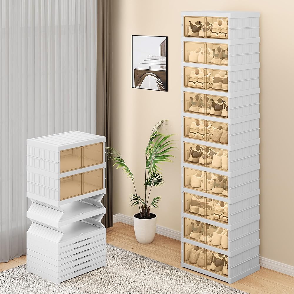 YITAHOME 10 Tiers-20 Pairs Easy Assembly Shoe Box with Magnetic Doors, Foldable Shoe Storage Organizer for Closet, Collapsible Shoe Rack Sneaker Organizer for Entryway, Living Room, Bedroom (White) : Home & Kitchen