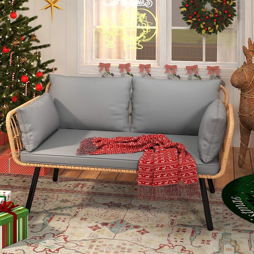 DWVO Wicker Patio Loveseat, All-Weather Rattan 2-Seat Sofa with Cushions & Lumbar Pillows, Outdoor Patio Furniture Set for Patio, Balcony, Backyard, Deck, Poolside (Grey) : Automotive