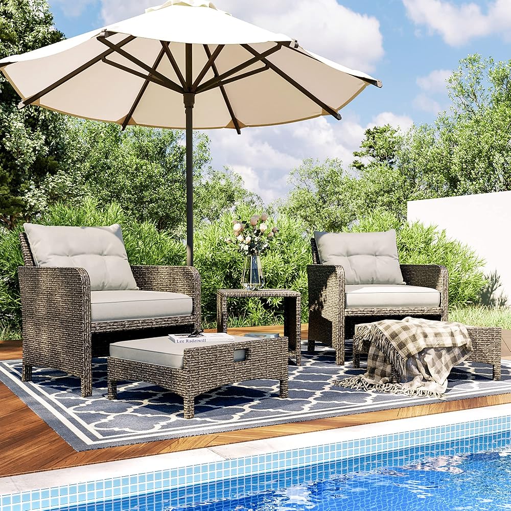 Pamapic 5 Pieces Wicker Patio Furniture Set Outdoor Patio Chairs with Ottomans Conversation Furniture with coffetable for Poolside Garden Balcony(Grey Cushion +Grey Rattan) : Everything Else