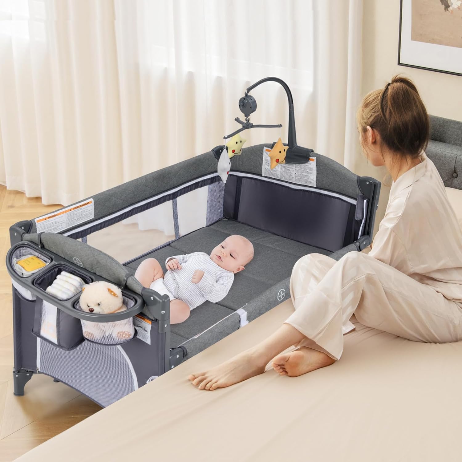 : INFANS Pack and Play, 5 in 1 Baby Bedside Sleeper with Bassinet, Diaper Changer, Mattress, Carry Bag, Music Box Hanging Toys, Foldable Bedside Crib, Portable Playard for Newborn Toddlers (Classic) : Baby