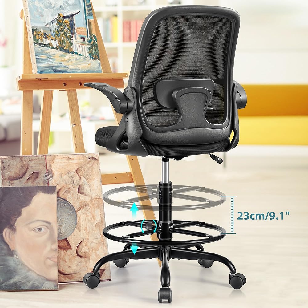 Winrise Drafting Chair Tall Office Chair Ergonomic Desk Chairs with Lumbar Support and Flip-up Armrests, Adjustable Height Comfy Computer Chair with Swivel Task and Adjustable Foot Ring(Black) : Home & Kitchen