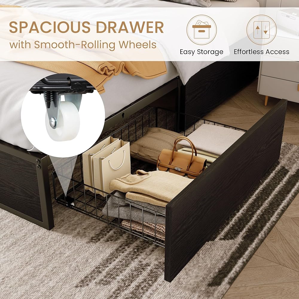 SHA CERLIN Queen Platform Bed Frame with 2 Large Storage Drawers, Rustic Wood and Metal, Noise-Free, Easy Assembly, No Box Spring Needed, Black : Home & Kitchen