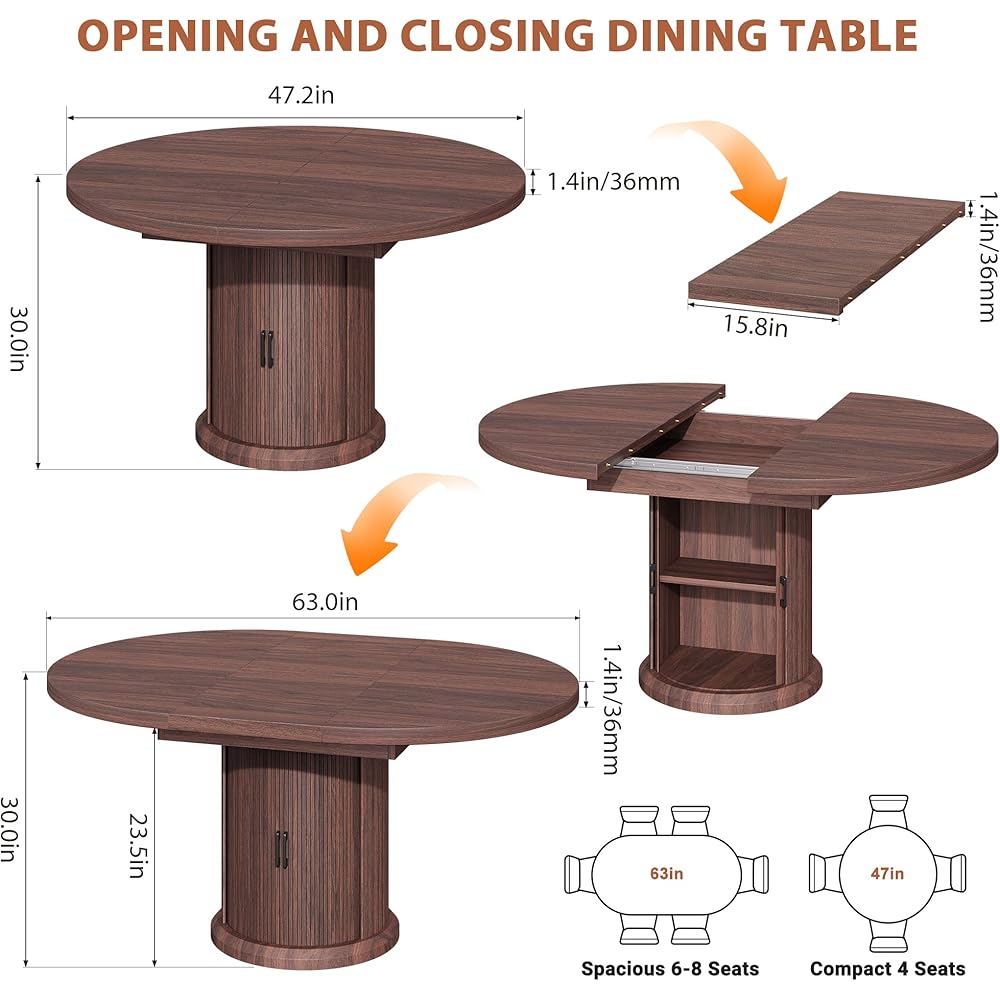 - Dining Table for 4-6,63“Extendable Round Kitchen Dining Room Table with 2-Tier Storage Shelf, Space Saving Expandable Wood Oval Circle Dinner Furniture with Pedestal Base (Brown) - Tables