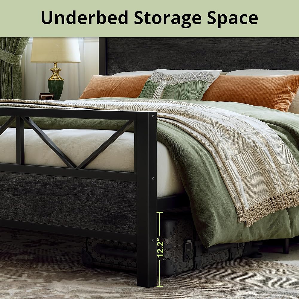 LIKIMIO King Bed Frame, Tall Industrial Headboard 51.2