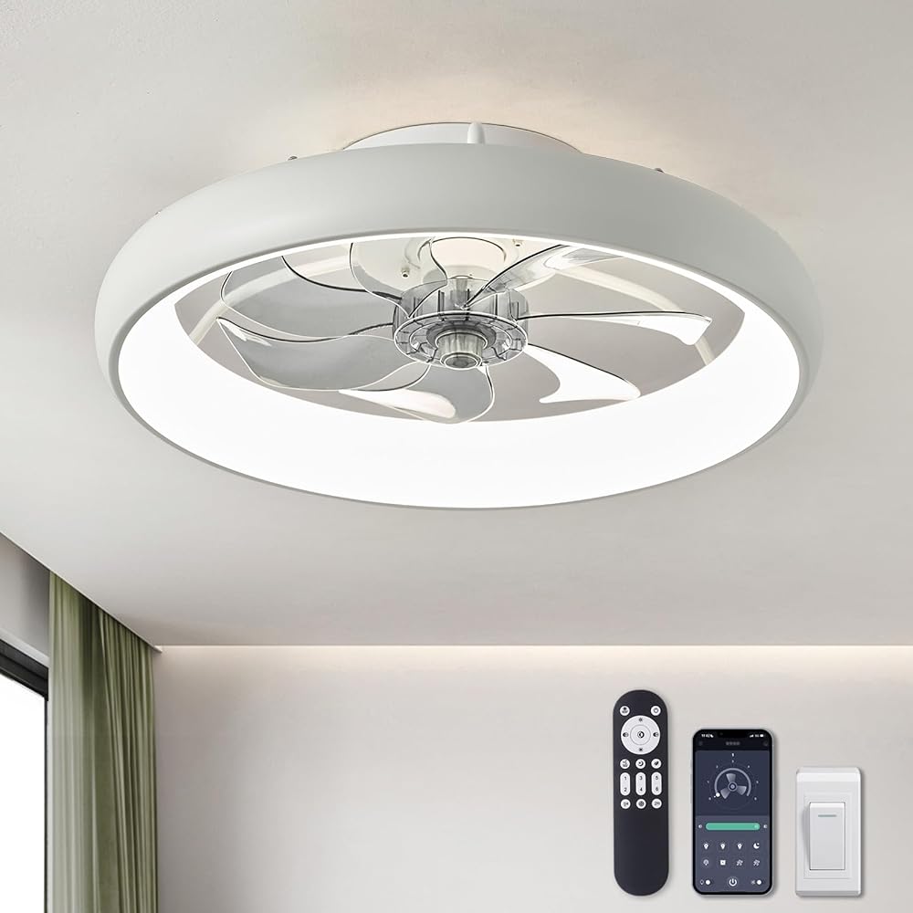 LUDOMIDE Modern Dimmable LED Ceiling Fan with Lights, 20'' Low Profile Flush Mount, 6 Wind Speeds, Smart Ceiling Fan for Bedroom, Kids Room (White) -