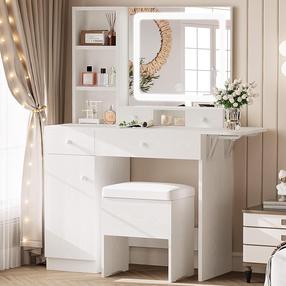 LIKIMIO Vanity Desk with Drawers & LED Lighted Mirror & Power Outlet & Cabinet, Storage Stool, Stylish Bedroom Makeup Table Set, White : Home & Kitchen