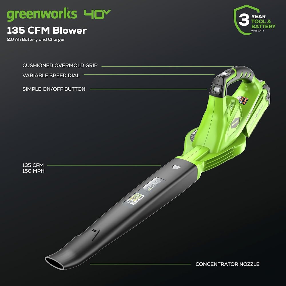 Greenworks 40V Leaf Blower/Sweeper, 150 MPH, Lightweight, Quiet, with 2.0 Ah Battery and Charger, Perfect for Residential Lawn Care, Leaf Blowing Debris, Dust, Light Snow, and More
