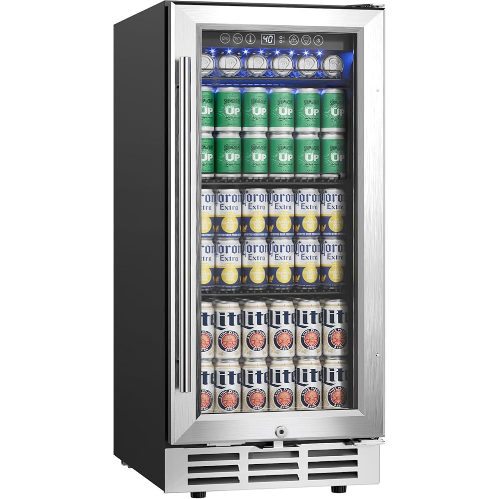EUHOMY 15 Inch Beverage Refrigerator Cooler Under Counter 127 Cans Beverage Fridge Built-in or Freestanding with Glass Door, LED Light, Beer Fridge for Soda, Water, Wine - Home Kitchen Bar. : Appliances