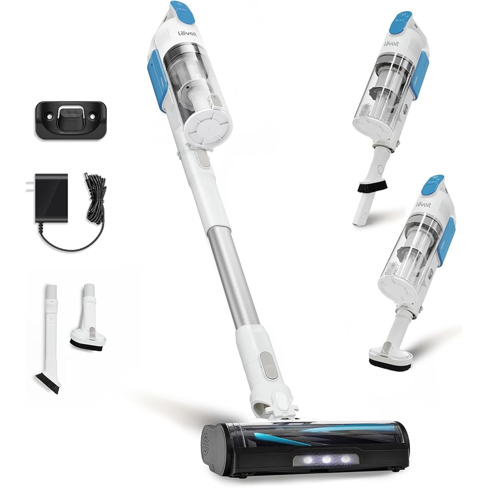 - LEVOIT Cordless Vacuum Cleaner, Stick Vac with Tangle-Resistant Design, Up to 50 Minutes, Powerful Suction, Rechargeable, Lightweight, and Versatile for Carpet, Hard Floor, Pet Hair, White&Blue