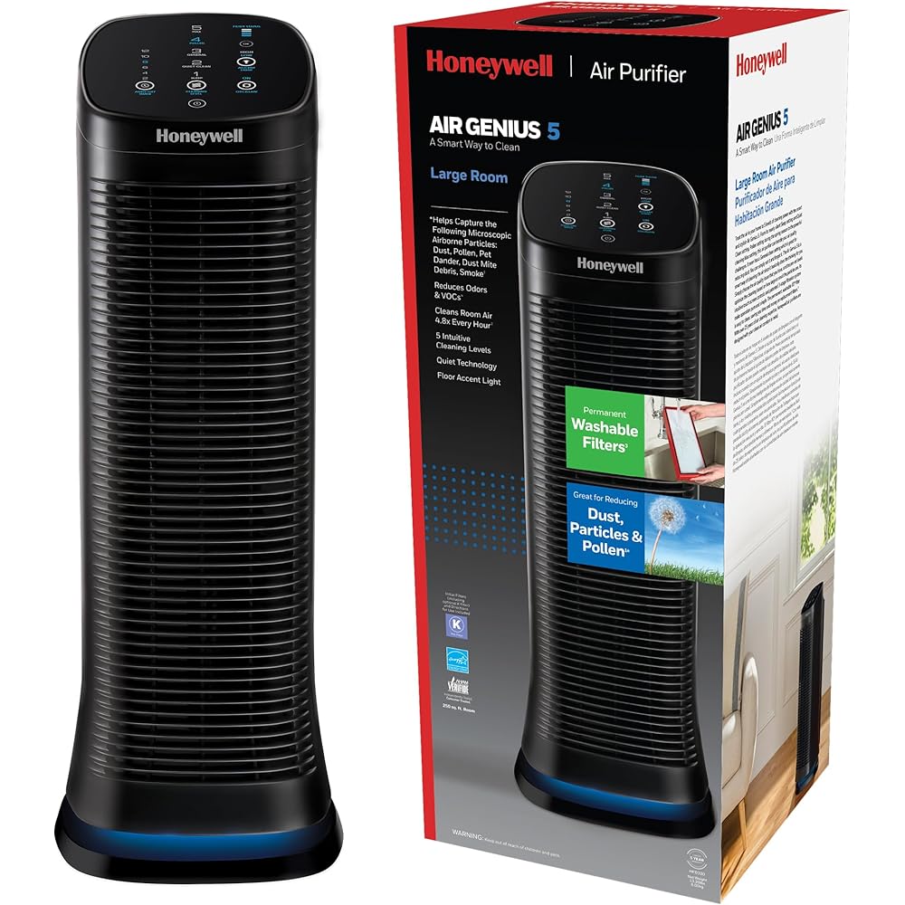 Honeywell Permanent Filter Air Purifier for Home, 1208Ft² Rooms in 1 hour, Reduces Dust, Pollen, Pet Dander, Odors, Smoke, Washable Filters, Black, HFD320 : Home & Kitchen