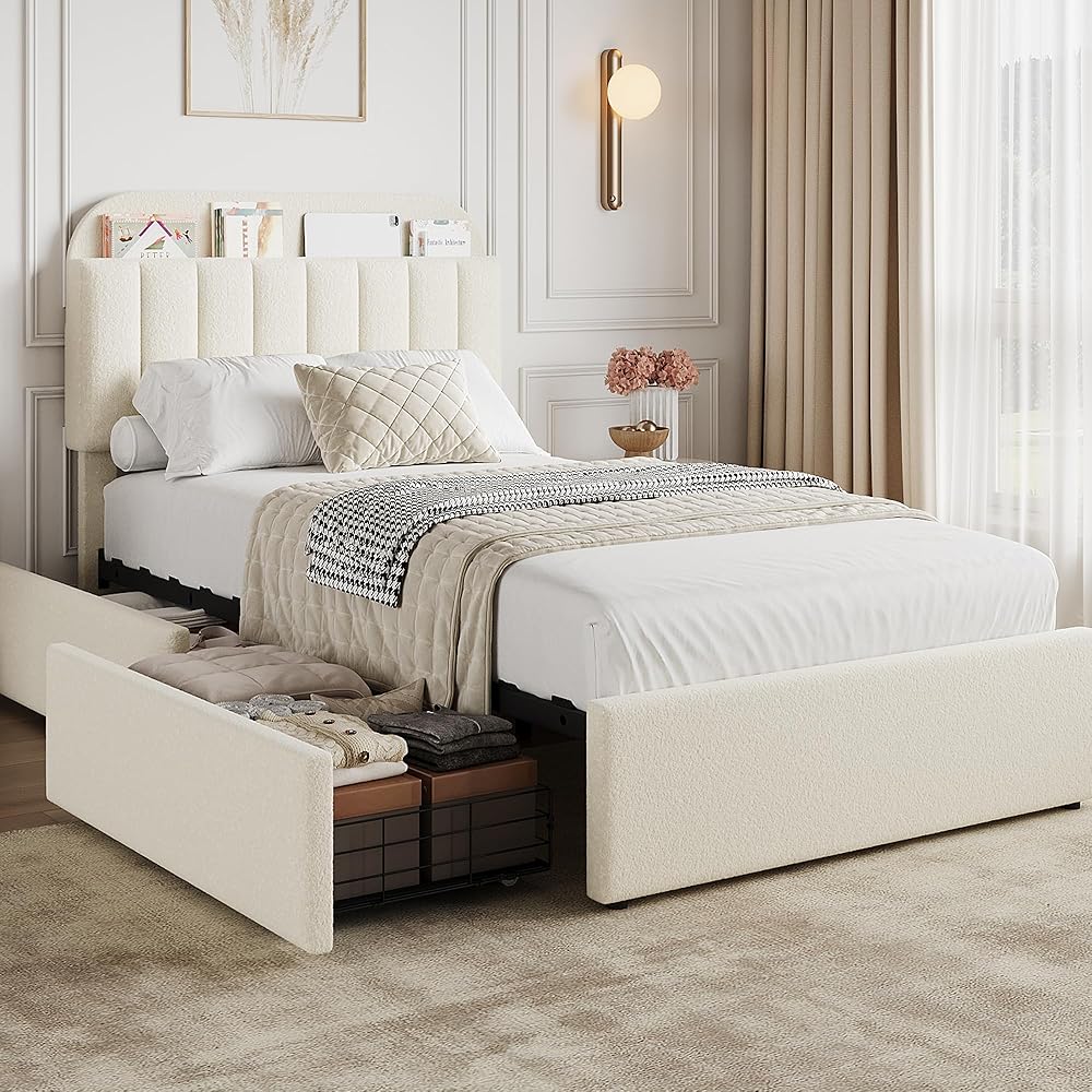 GarveeHome Twin Bed Frame with Storage Headboard, Kids Bed Frame with 2 Drawers, Boucle Upholstered Platform Bed with Bookcase, No Box Spring Needed, Easy Assembly, Ivory White : Home & Kitchen
