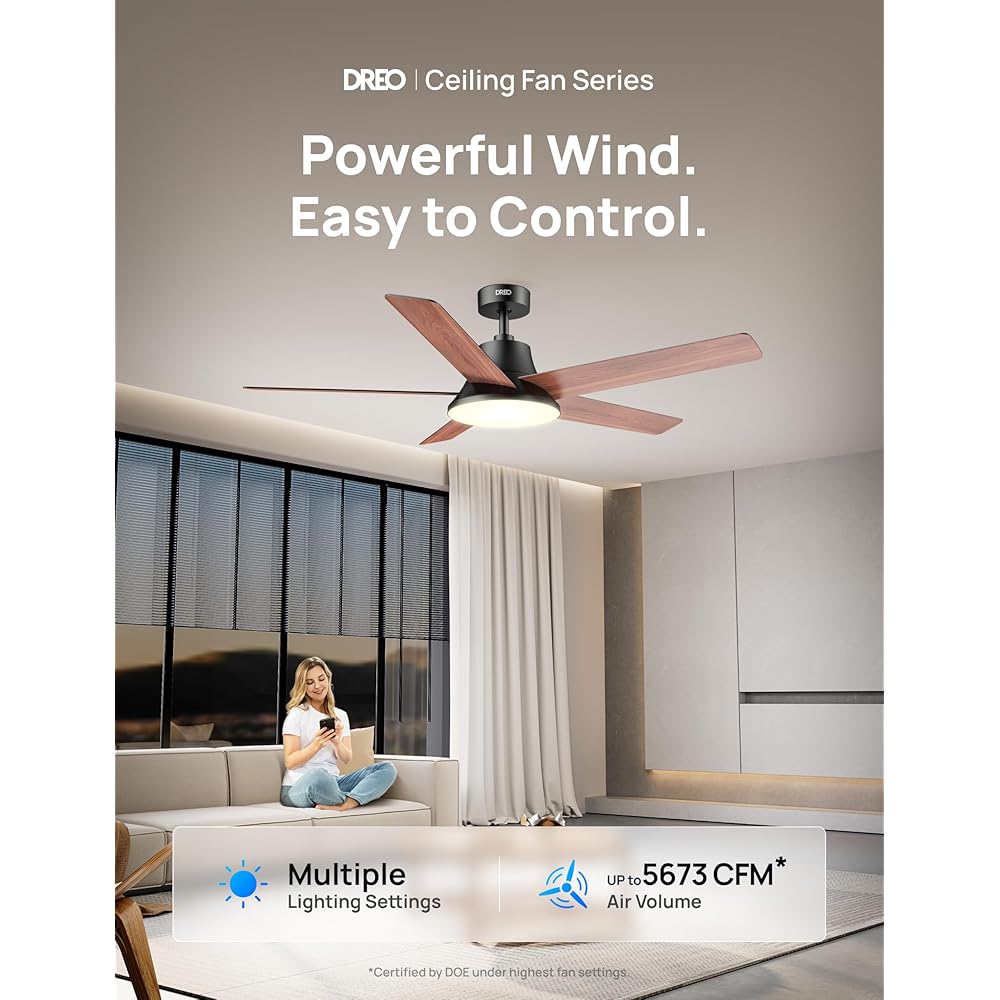 Dreo Ceiling Fans with Lights, 52 Inch, 6 Speeds, 5 Color Tones Dimmable LED, Quiet Reversible DC Motor, Remote, 8H Timer, Black Ceiling Fan for Bedroom, Living Room, Easy to Install