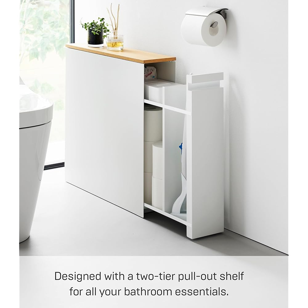 Yamazaki Home Tower Pull-Out Bathroom Storage Cabinet – Slim Bathroom Organizer with Wood Top - Steel + Wood - Holds Up to 12 Rolls of Toilet Paper and A Toilet Brush