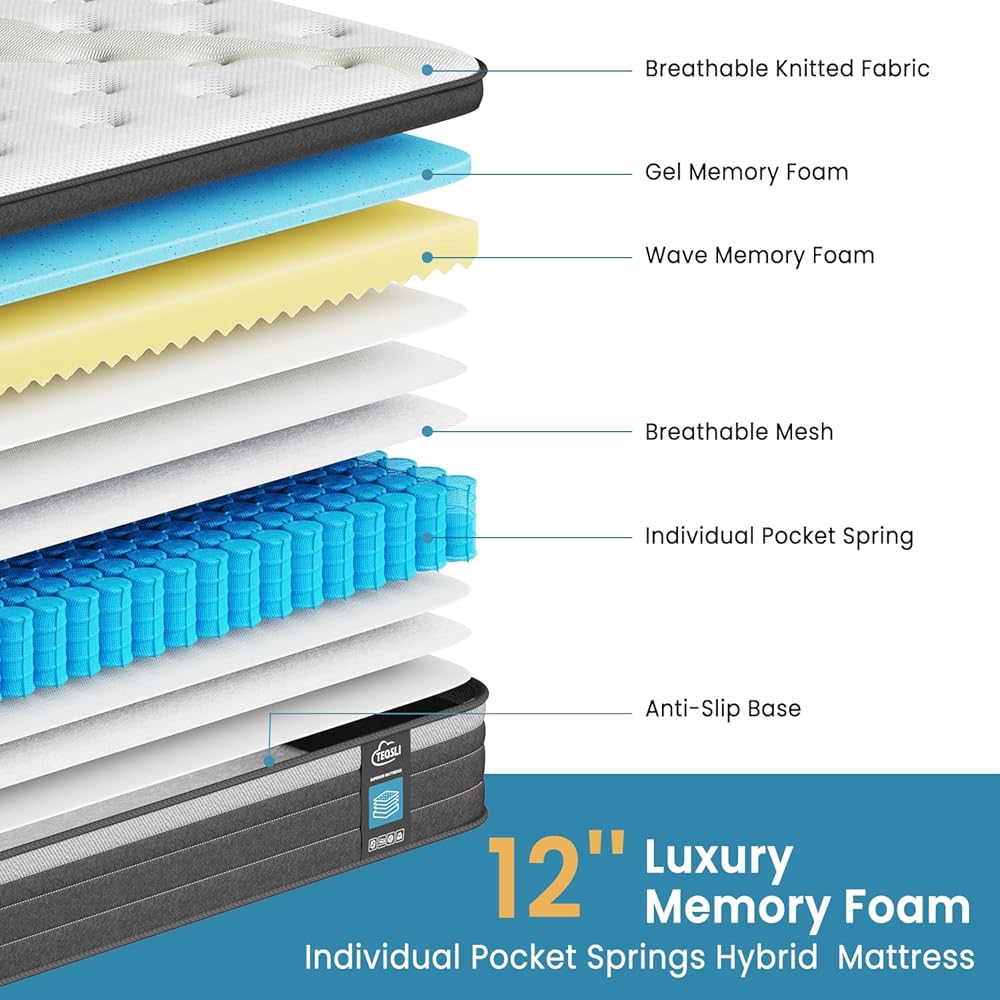 TeQsli Twin Size Mattress 12 Inch, Gel Memory Foam & Pocket Springs Twin Hybrid Mattress in a Box for Back Pain Relief & Motion Isolation, CertiPUR-US Certified, 10-Year Support : Home & Kitchen