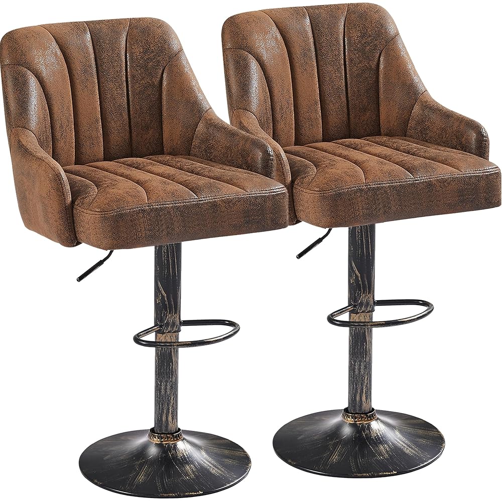 VECELO Bar Stools Set of 2, Adjustable Counter Height Barstools with Back and Arm, Swivel Bar Chair Stools for Kitchen Counter Island Cafe Dining Room, Industrial Style, Brown : Home & Kitchen