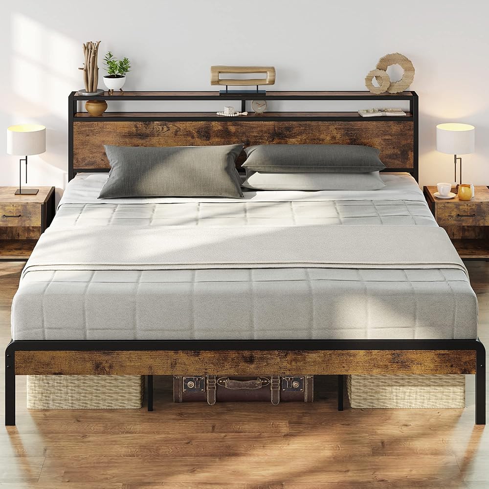 LIKIMIO King Size Bed Frame, Platform Bed with 2-Tier Storage Headboard, Solid and Stable, Noise Free, No Box Spring Needed, Easy Assembly, Vintage Brown : Home & Kitchen