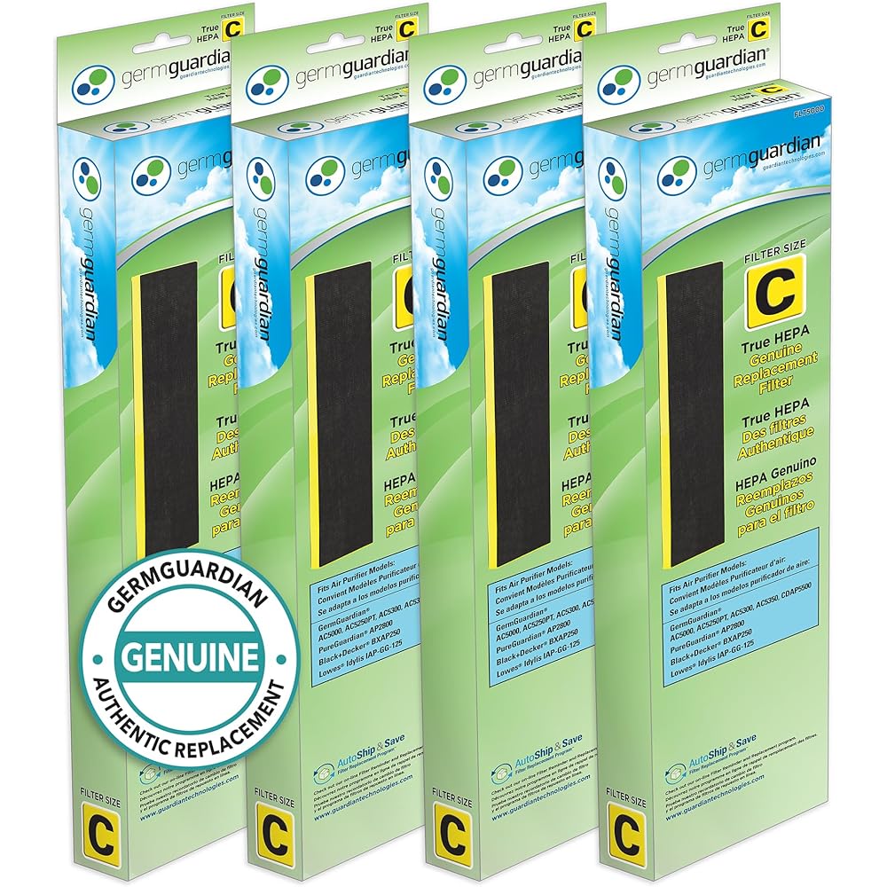 GermGuardian Filter C HEPA Pure Genuine Air Purifier Filter, Removes 99.97% of Pollutants, Wildfire Smoke, Odors, for AC5250PT, AC5000, AC5300, AC5350, AP2800, 4-Pack, Black/Yellow, FLT50004PK : Home & Kitchen