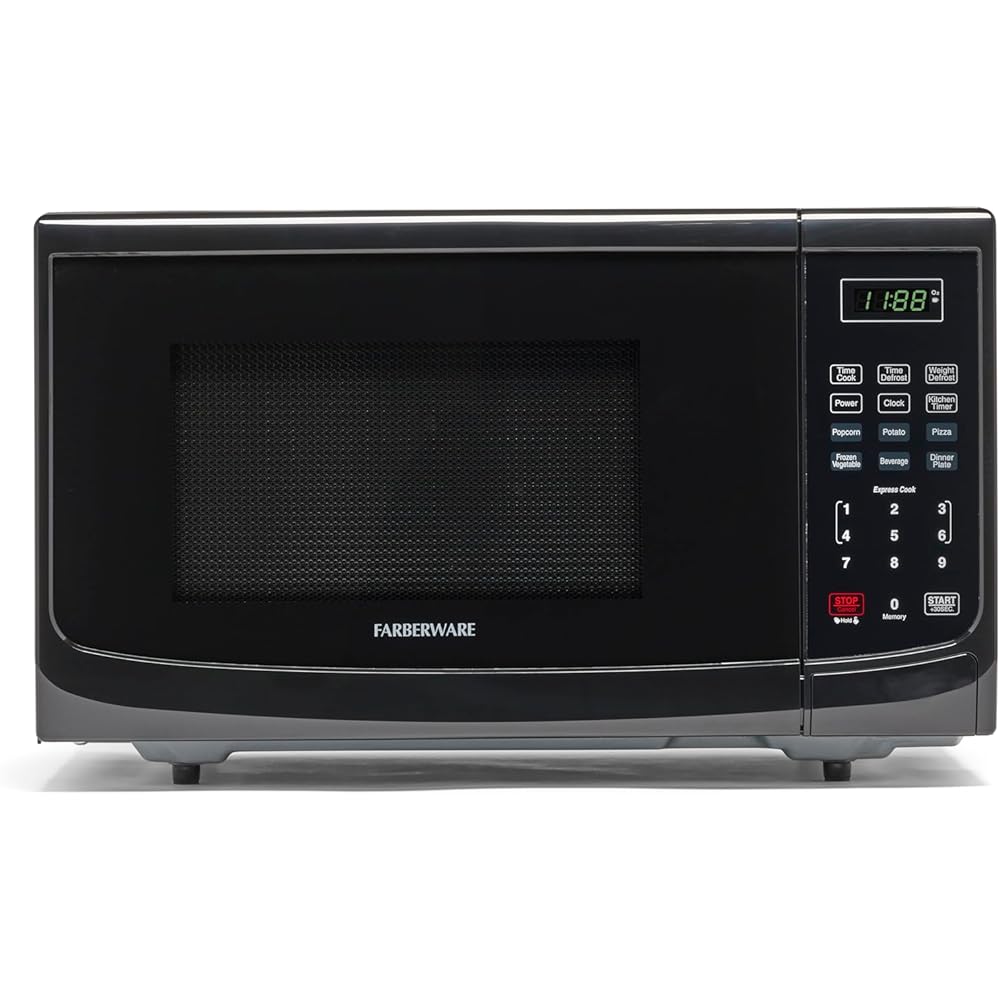 Farberware FM09BKA Compact Countertop Microwave Oven 0.9 Cu. Ft. 900-Watt with LED Lighting, Child Lock, Easy Clean Grey Interior, Black