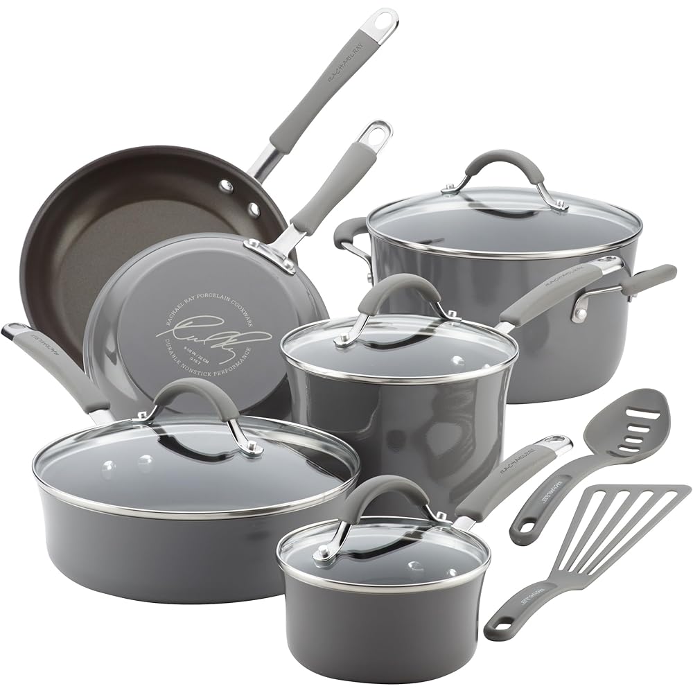 Rachael Ray - 16802 Rachael Ray Cucina Nonstick Cookware Pots and Pans Set, 12 Piece, Sea Salt Gray: Home & Kitchen