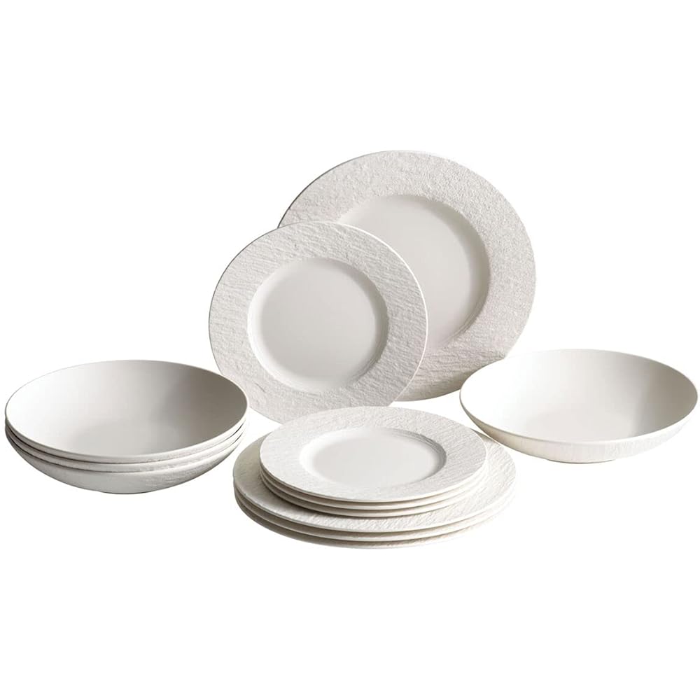 | Villeroy & Boch Manufacture Rock Blanc 12-Piece Dinnerware Set, Service for 4, Dinner Plates, Salad Plates & Pasta Bowls, Premium Porcelain, Made in Germany, Matte White: Dinnerware Sets