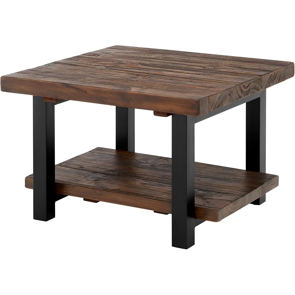 Pomona 27-Inch Rustic Square Coffee Table – Solid Pine Wood with Natural Weathered Finish and Industrial Metal Legs – Small Space Living Room Accent by Alaterre Furniture