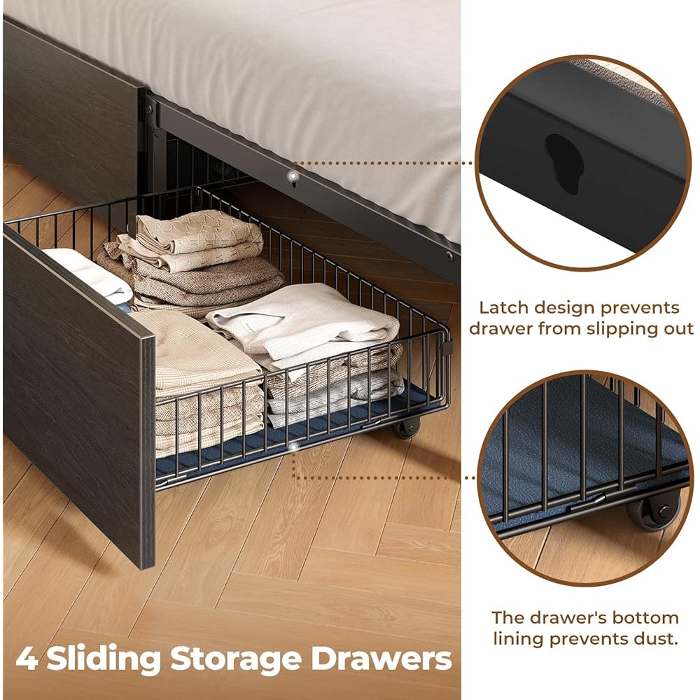 Rolanstar Queen Bed Frame with Storage,4-Drawer Platform Bed with USB Charging Station,Built in LED Lights and Bookcase Headboard,No Box Spring Needed,Easy Assembly,Noise-Free,Black : Home & Kitchen