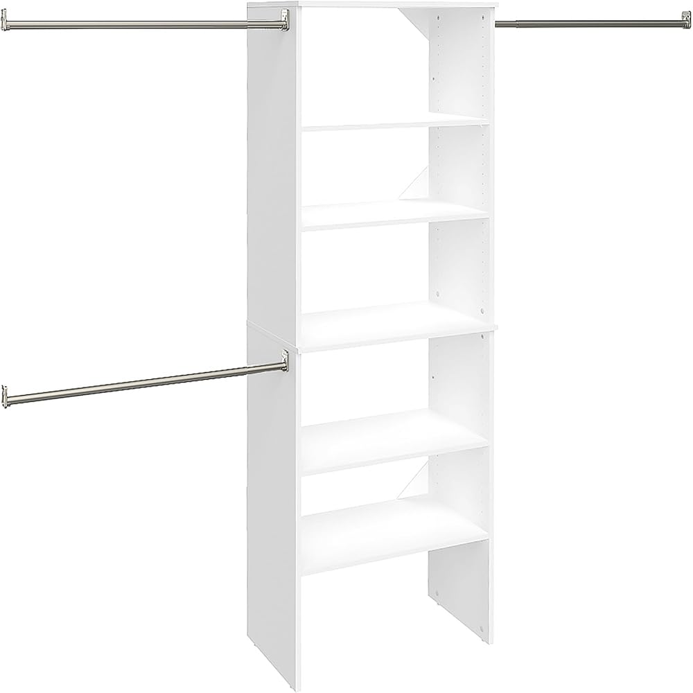 ClosetMaid SuiteSymphony Wood Closet Organizer Starter Kit Tower and 3 Hang Rods, Shelves, Adjustable, Fits Spaces 5 – 10 ft. Wide, Pure White, 25