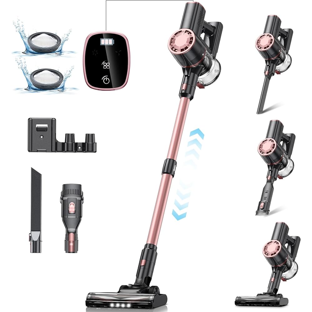 Cordless Vacuum Cleaner, 6-in-1 Lightweight Stick Vacuum, Self-Standing, 35Mins Runtime,2200mAh Rechargeable Battery,LED Screen,Powerful Vacuum Cleaners for Home Hardwood Floor Carpet Pet Hair(Pink) : Home & Kitchen