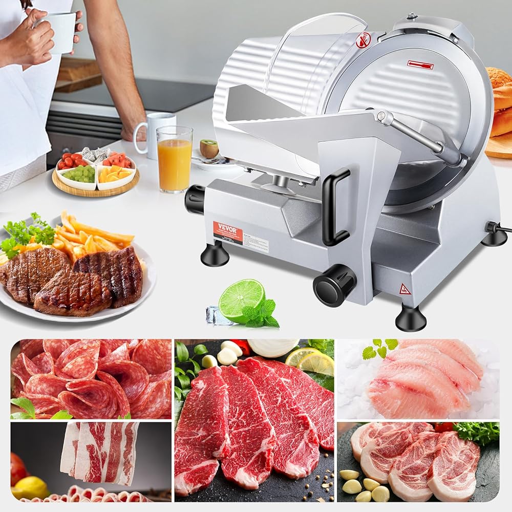 VEVOR Commercial Meat Slicer, 10 inch Electric Food Slicer, 240W Frozen Meat Deli Slicer, Premium Chromium-plated Steel Blade Semi-Auto Meat Slicer For Commercial and Home use: Home & Kitchen