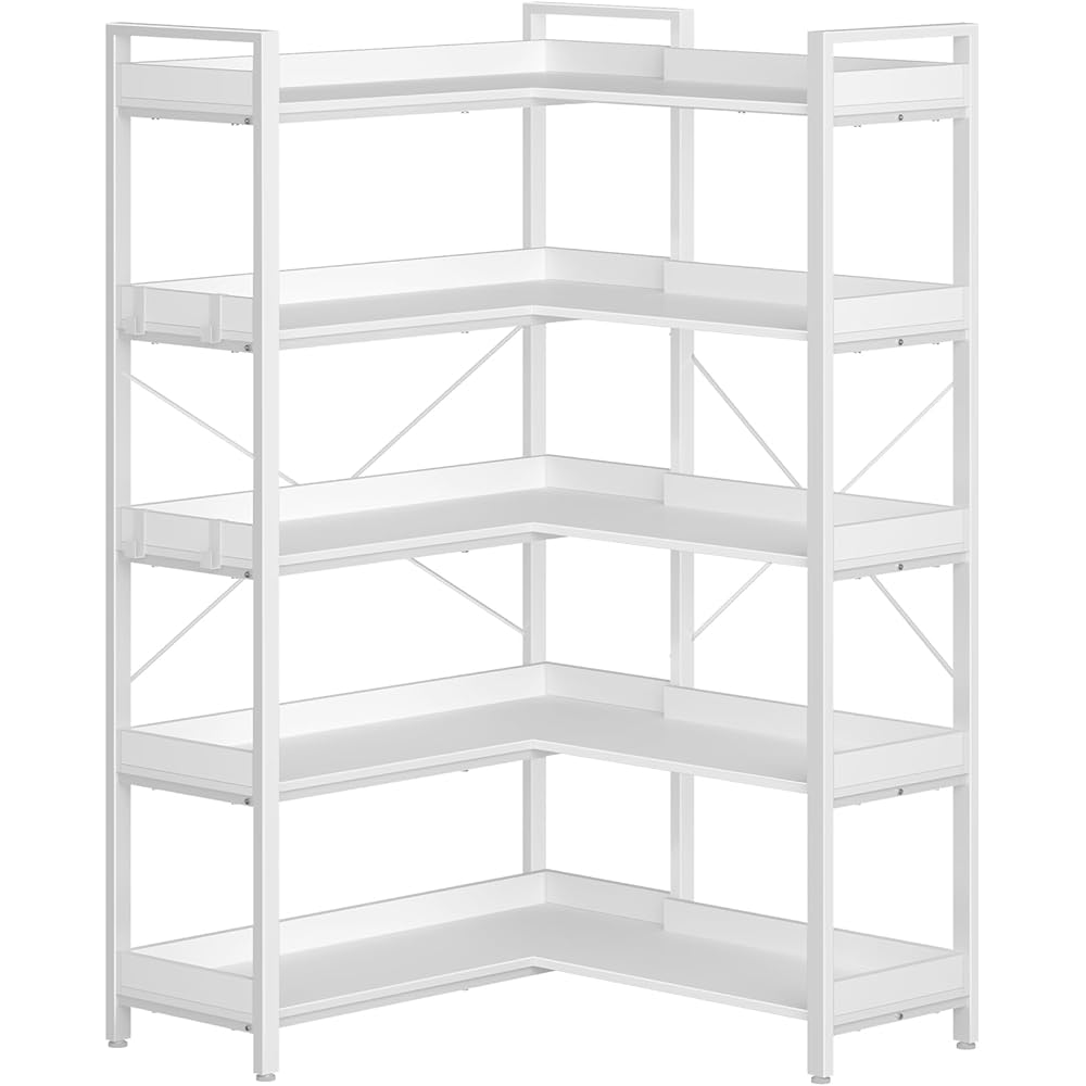 Rolanstar Bookshelf 5 Tier with 4 Hooks, Reversible Corner Bookshelf, 65