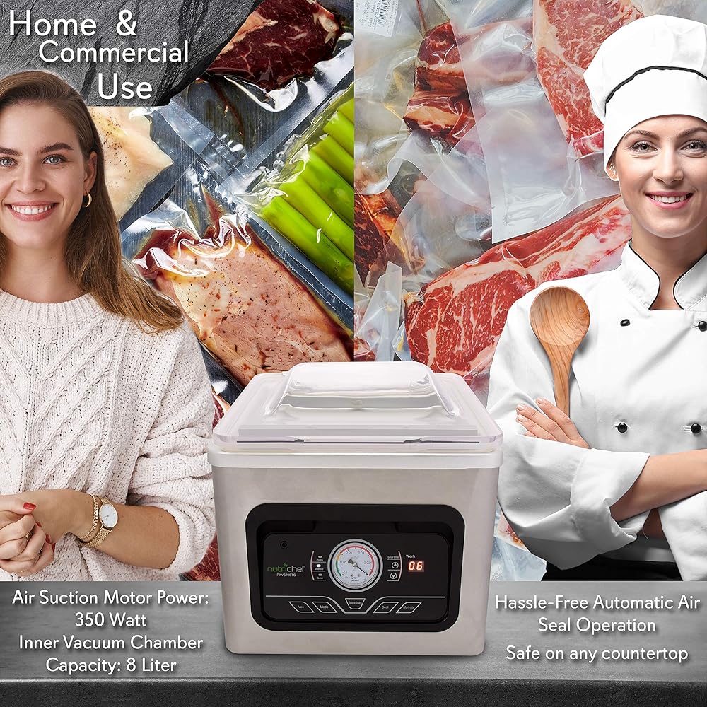 NutriChef 350W Vacuum Sealer Machine - 8L Chamber Commercial Food Sealer, Automatic Meat Packing and Sous Vide System with Digital Control, Includes Vacuum Roll Bags : Home & Kitchen