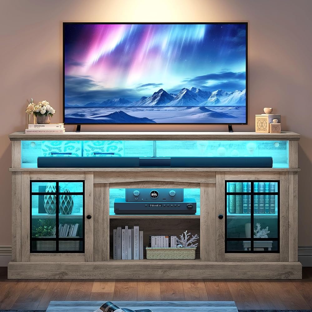 YITAHOME Modern TV Stand for 75 Inch TV, LED Entertainment Center with Adjustable Shelves and Glass Doors, 32'' Tall Television Stands TV Media Console Table for Living Room, Pine Grey : Home & Kitchen