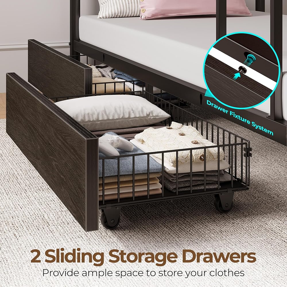 Rolanstar Metal Bunk Bed Twin Over Twin with USB Charging Station, LED Bunk Bed with 2 Storage Drawers, Bed with Safety Guardrail & Ladders, No Box Spring Needed, Easy Assembly, Black : Home & Kitchen