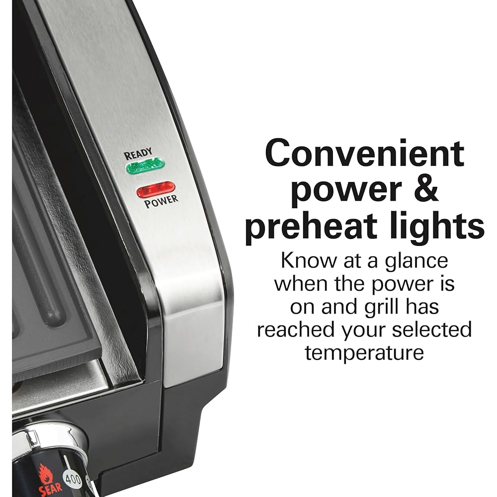 Hamilton Beach Electric Indoor Searing Grill with Viewing Window & Adjustable Temperature Control to 450F, 118 sq. in. Surface Serves 6, PFAS-Free Removable Nonstick Grate, Stainless Steel: Home & Kitchen